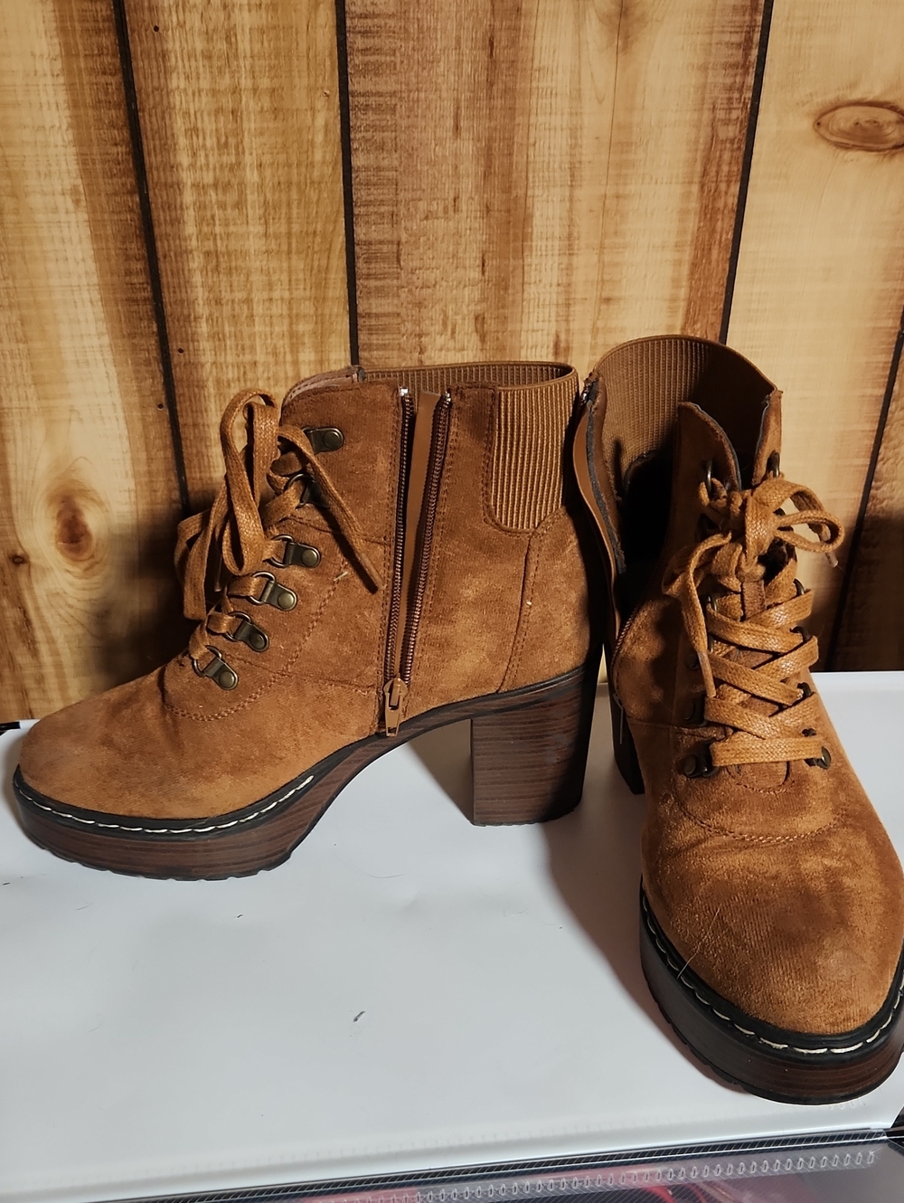 Tan Suede Lace-Up Chunky Heel  Booties
